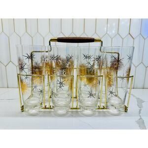 MCM  Federal Glass Starburst Black‎ Gold Tall Glasses | Brass Caddy Wood Handle